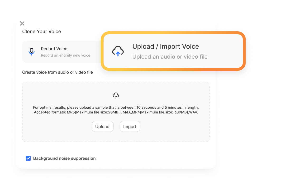 Visla AI Voice over tool for uploading or importing audio and video files to create a cloned voice